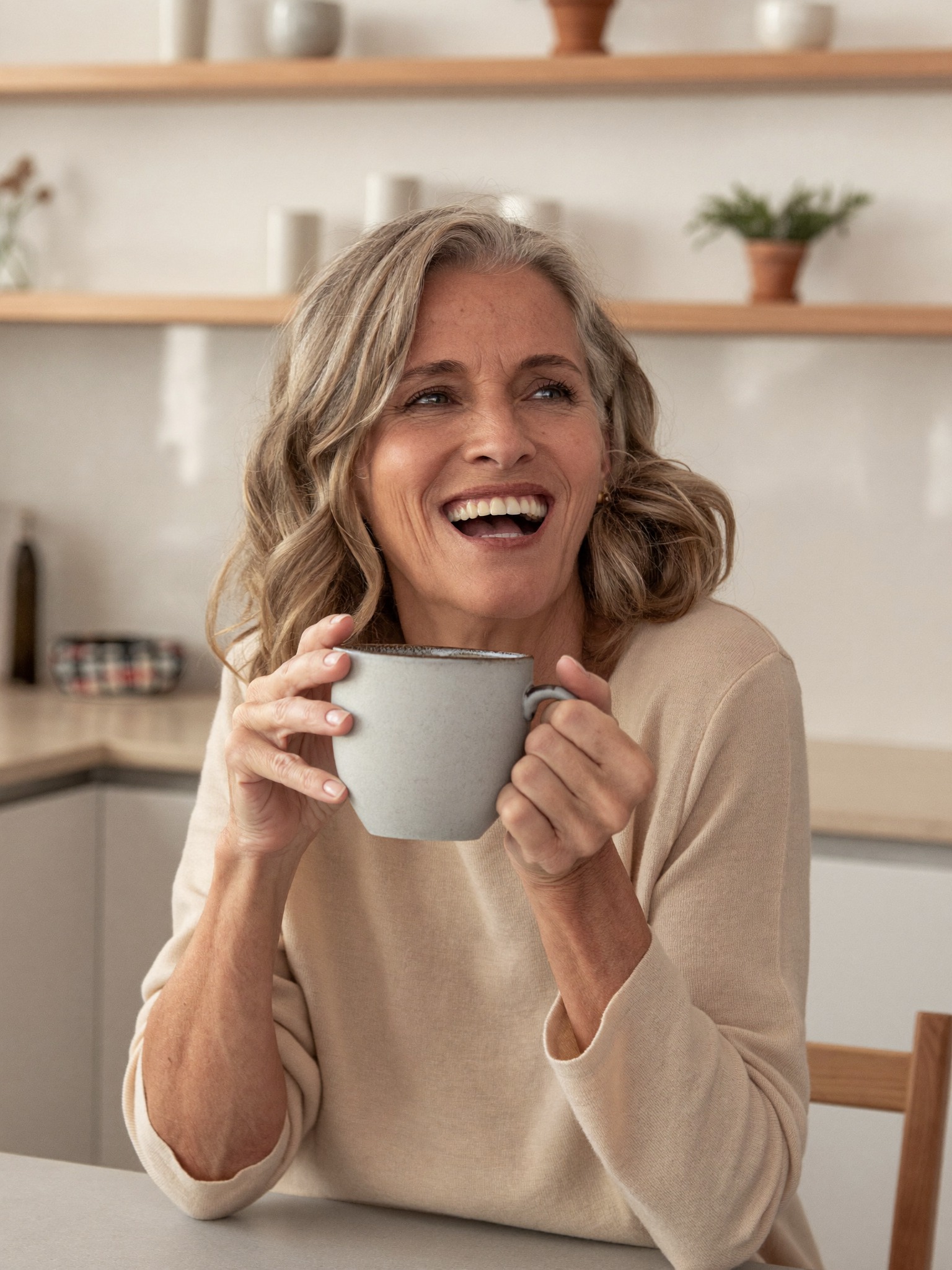 Lächelnde Frau in heller Küche mit einer Kaffeetasse in den Händen